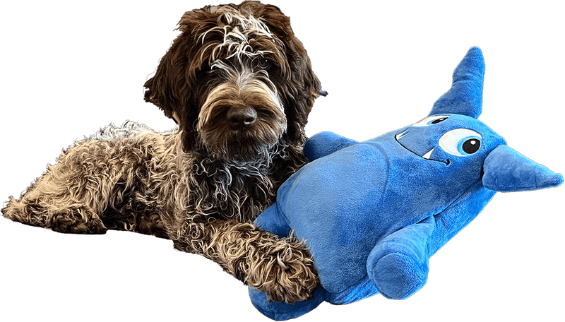 Dog happily holding on to her Tearrible, a plush dog toy that can be torn apart over and over again.